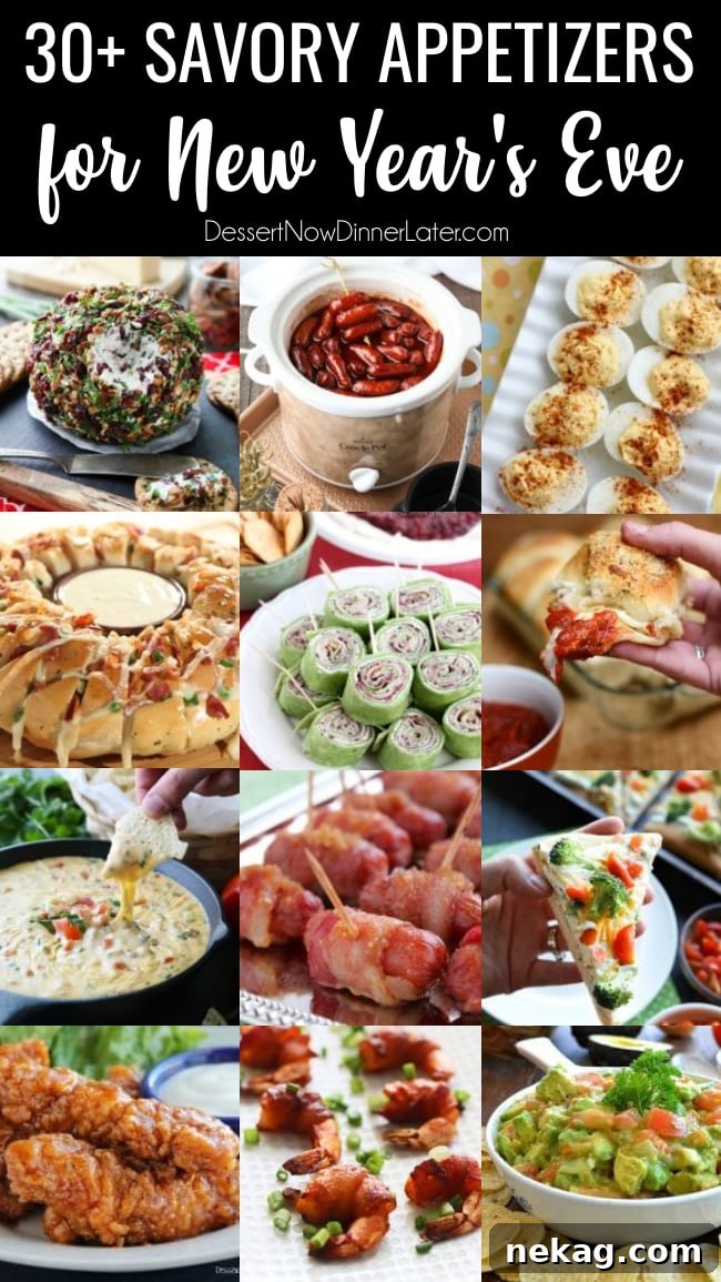 A vibrant selection of over 30 savory appetizers for New Year's Eve, including chips and dip, shrimp cocktails, cheesy bites, and savory roll-ups, perfect for any festive gathering.