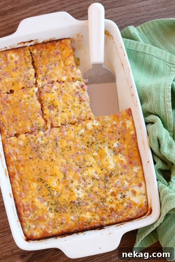 Southwest Ham and Cheese Chile Omelet Bake 4 A beautifully layered Ham, Green Chile, and Cheese Baked Omelet, ready to be served.