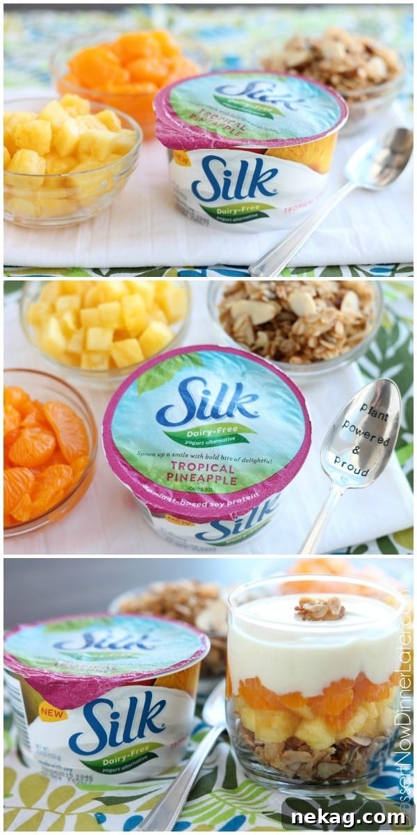An appetizing overhead shot of a beautifully assembled Dairy-Free Tropical Parfait, highlighting the colorful tropical fruit and creamy yogurt alternative layers.