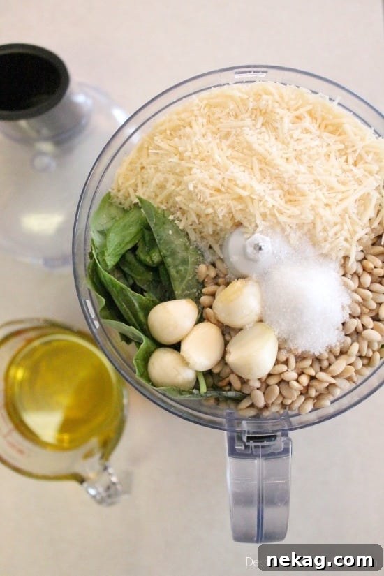 Fresh basil, toasted pine nuts, shredded parmesan cheese, fresh garlic cloves, pure olive oil, and sea salt come together to create this Classic Pesto that can be used on pasta, sandwiches, or in soups!