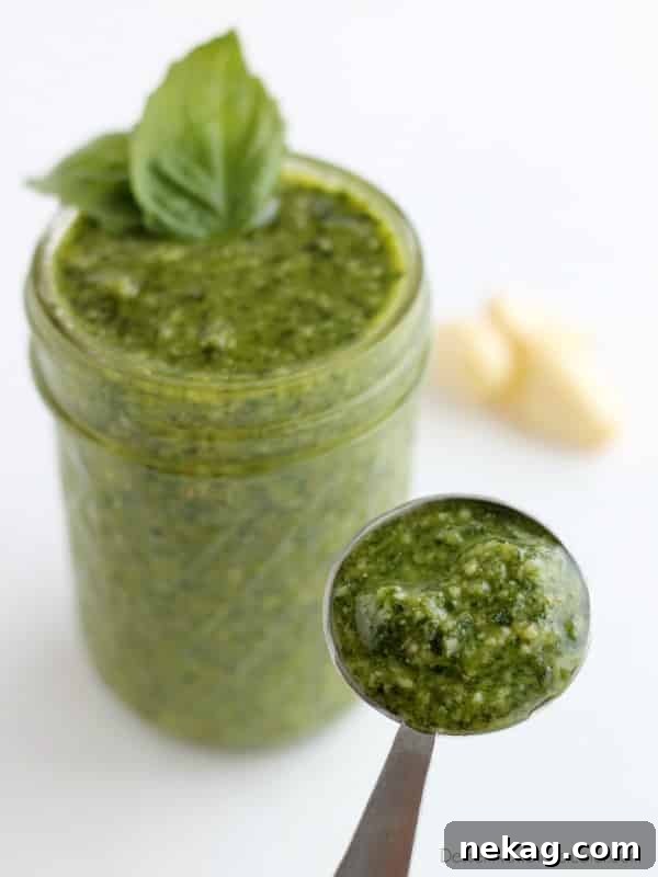 Fresh basil, toasted pine nuts, shredded parmesan cheese, fresh garlic cloves, pure olive oil, and sea salt come together to create this Classic Pesto that can be used on pasta, sandwiches, or in soups!