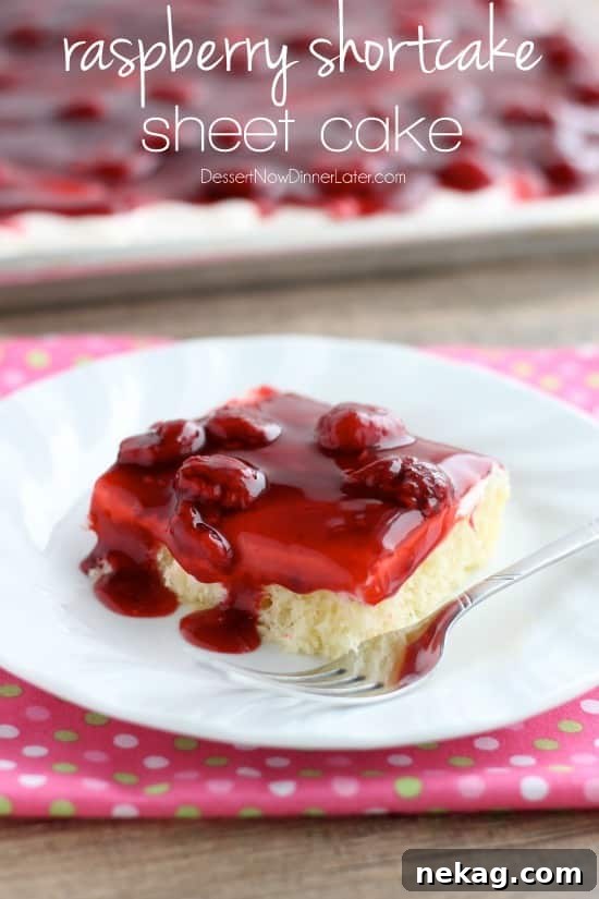 Sheet Pan Raspberry Shortcake Bliss 2 Delicious Raspberry Shortcake Sheet Cake with fluffy white cake, whipped cream cheese frosting, and fresh raspberry glaze.