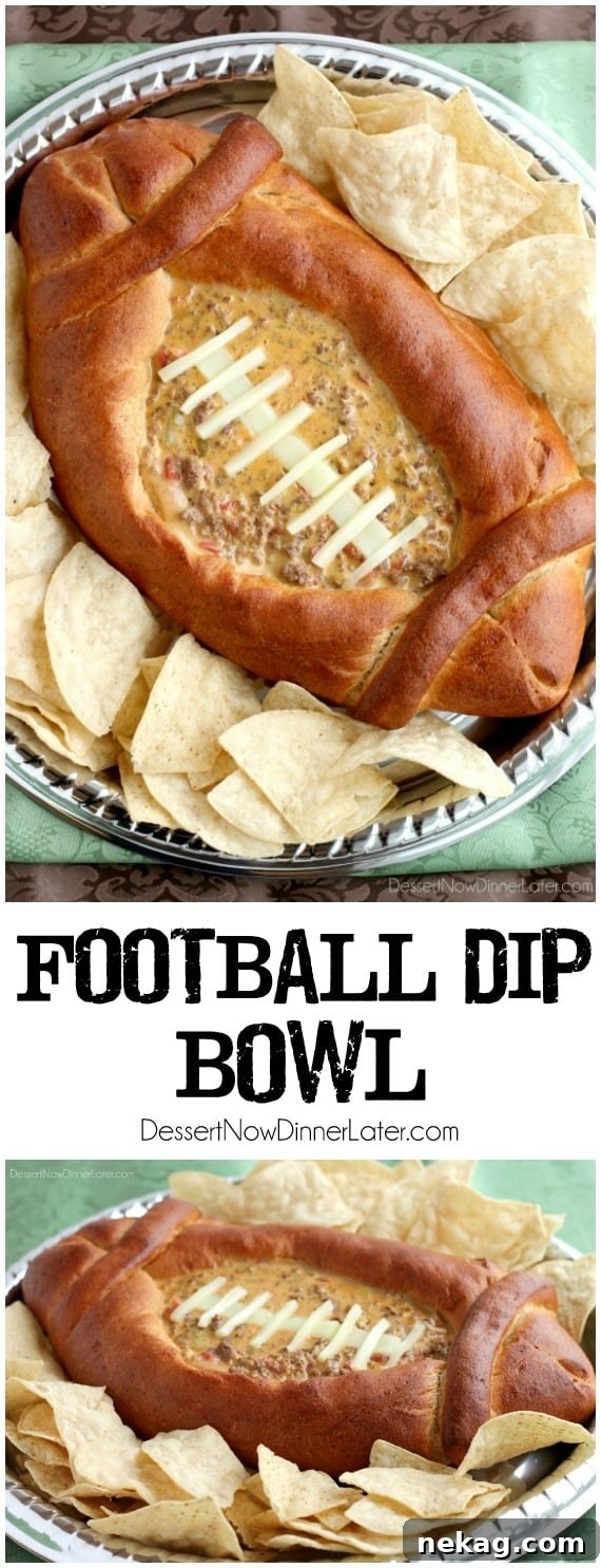 The finished football dip bowl, with cheese laces, surrounded by tortilla chips, ready for a party.