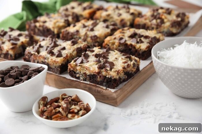 Decadent German Chocolate Bars 11 Side view of German Chocolate Bars, highlighting the distinct layers of brownie, coconut pecan topping, and chocolate chips.