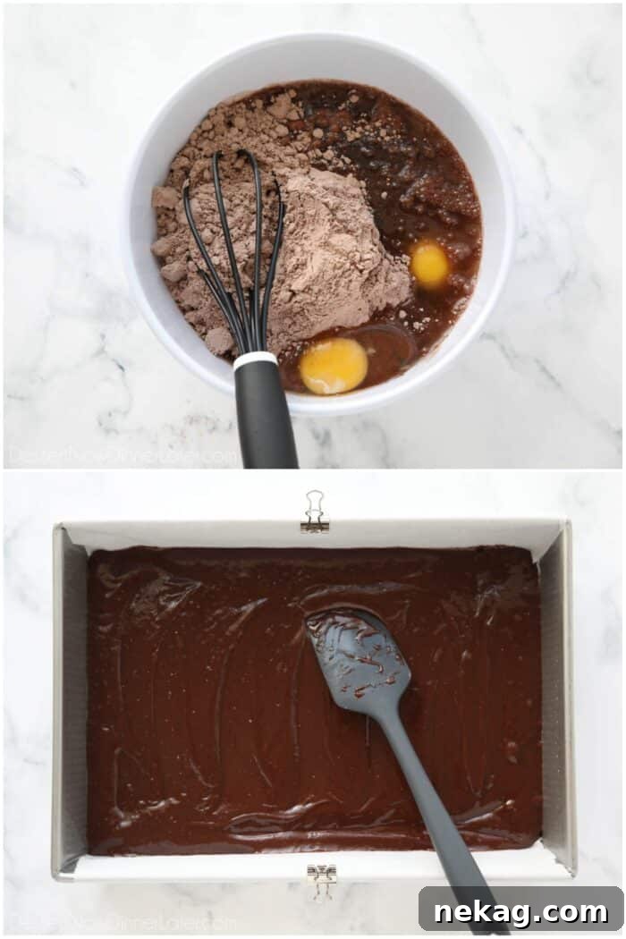 Decadent German Chocolate Bars 7 Steps showing brownie batter being mixed in a bowl and then spread evenly into a 13x9-inch baking pan.