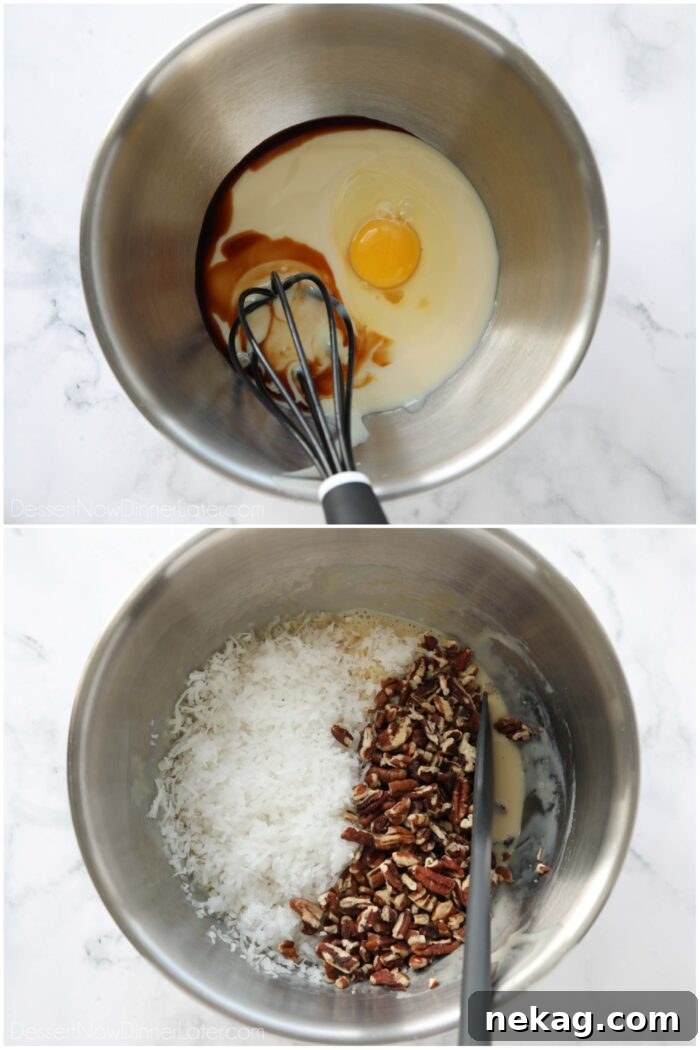 Decadent German Chocolate Bars 8 Ingredients for the coconut pecan topping being mixed in a bowl, creating a sweet and sticky mixture.
