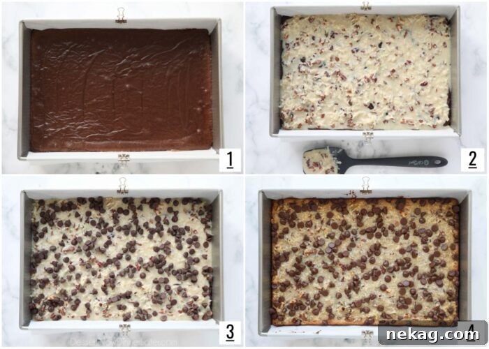 Decadent German Chocolate Bars 9 A visual guide showing the process of layering brownie crust, coconut pecan topping, and chocolate chips before baking.