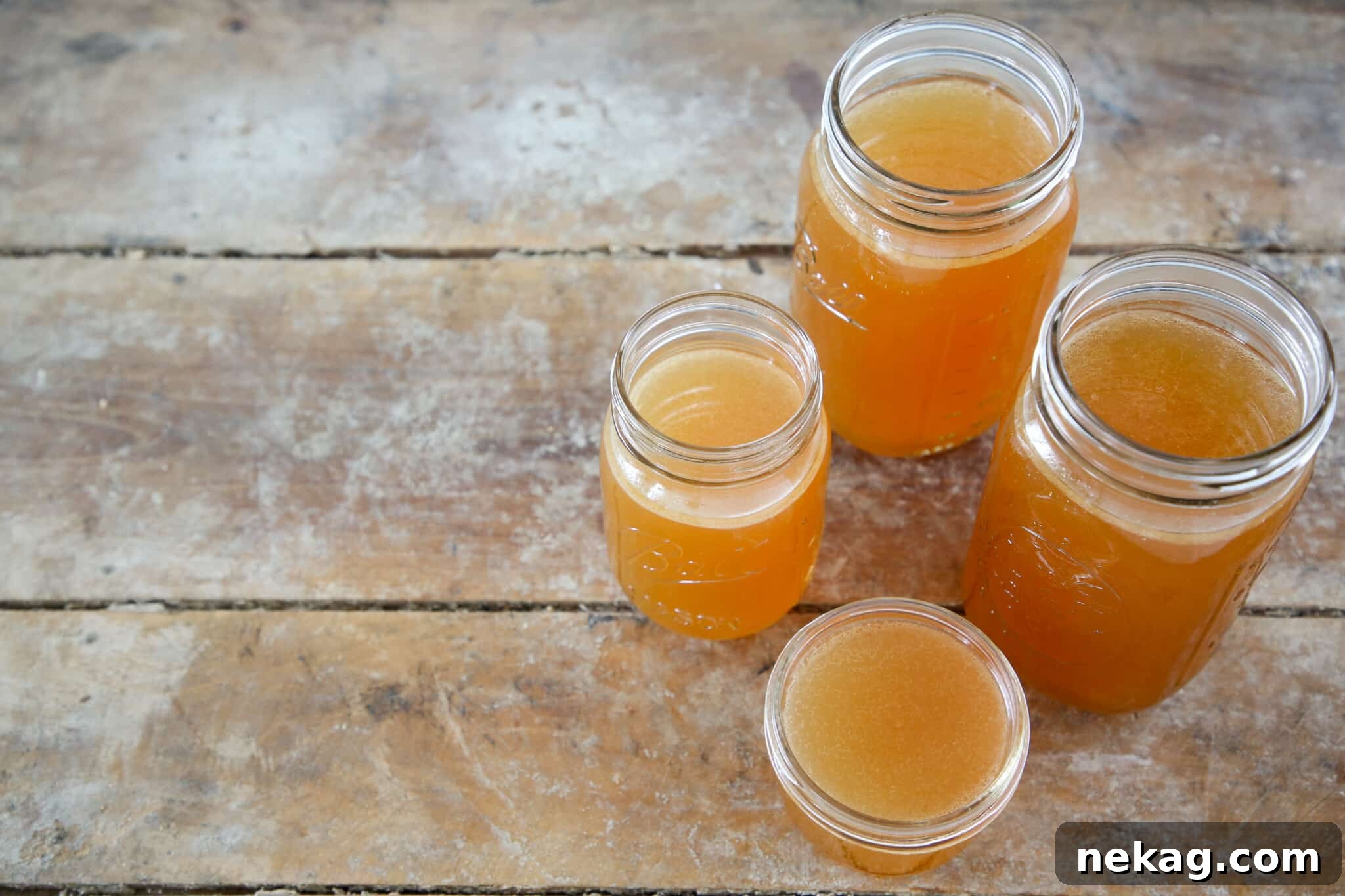 Crafting Perfect Chicken Broth from Scratch 3 Four glass jars of golden chicken stock lined up on a rustic wooden surface.