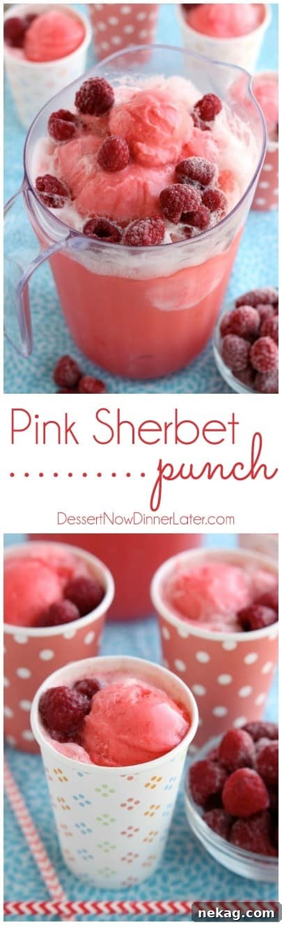 A large glass pitcher of pink sherbet punch with frozen raspberries and straws, ready to be served.