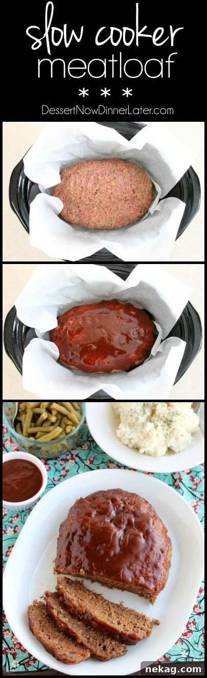 A final shot of a sliced slow cooker meatloaf, showing the moist interior and glistening glaze, ready to be enjoyed.