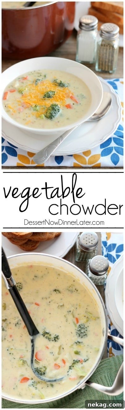 A beautifully set table with a large pot of Vegetable Chowder, bowls, and fresh bread, inviting a warm and comforting meal.
