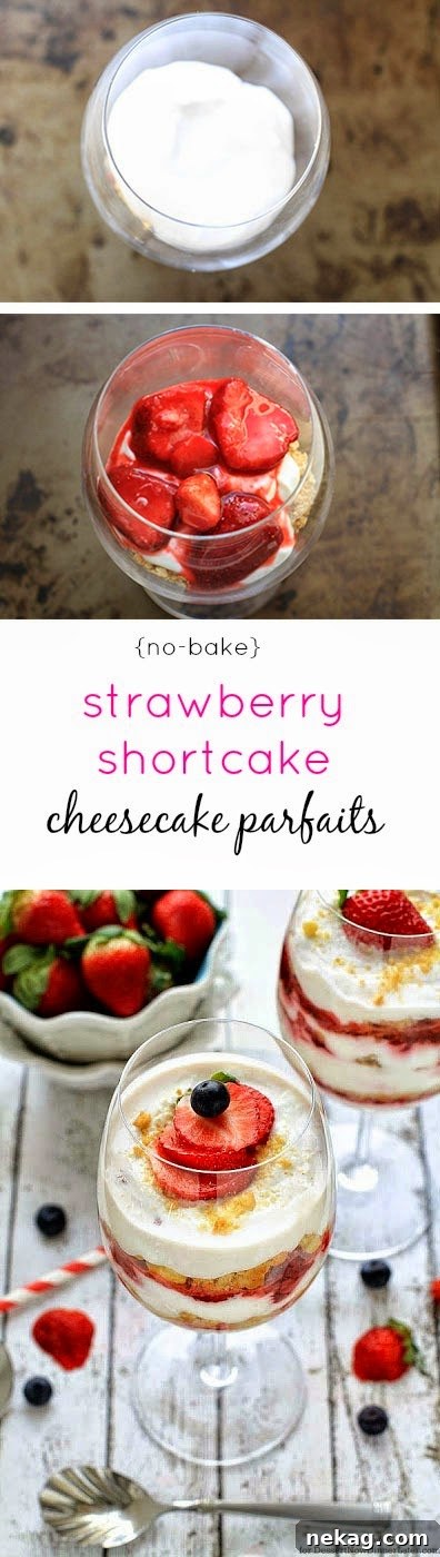 No-Bake Strawberry Shortcake Cheesecake Parfaits - Simple and light cheesecake parfaits made with non-fat Greek yogurt and low fat cream cheese with delicious layers of shortbread cookies and sweetened strawberries.