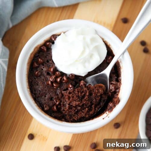 Microwave chocolate cake made in small bowl with chocolate chips and whipped cream on top with a spoonful taken out.