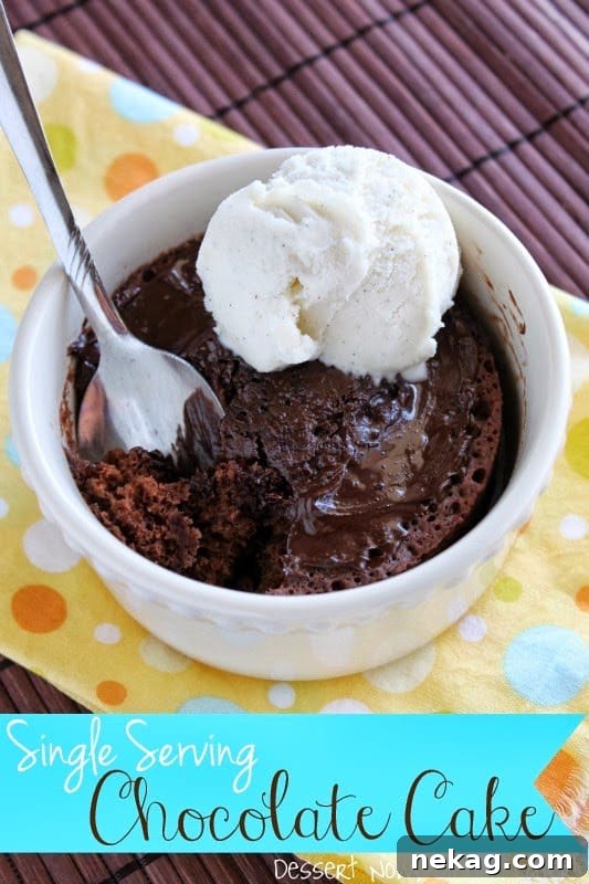 A warm and inviting microwave chocolate cake in a ramekin, topped with a dusting of cocoa powder or a few chocolate shavings, signifying a comforting single-serving dessert.