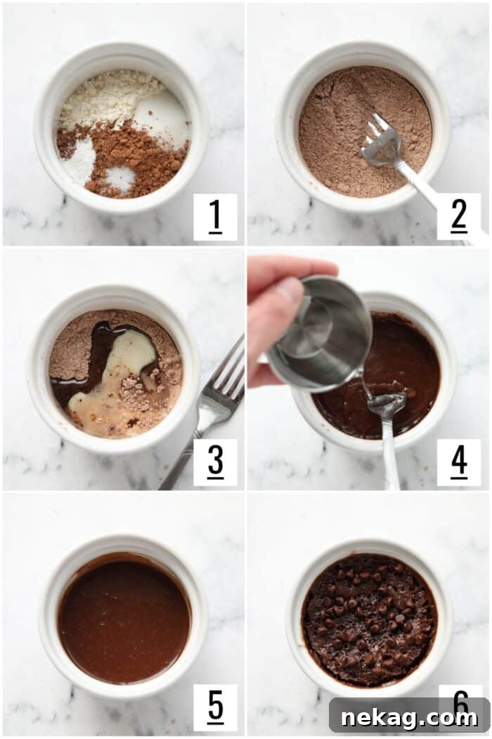 A visual step-by-step guide illustrating the process of making a single-serving microwave chocolate cake in a ramekin. Each image shows a stage from mixing dry ingredients to the finished, warm cake.