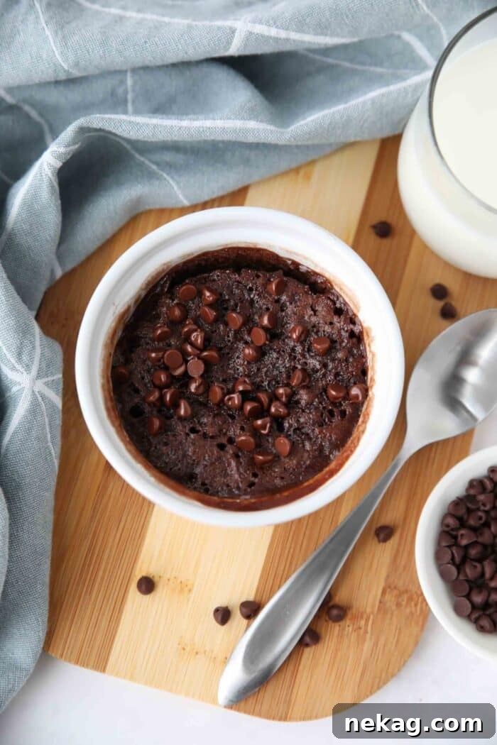 A top-down view of a microwave chocolate cake in a ramekin, adorned with melted mini chocolate chips, highlighting its dark, rich color and appealing texture.