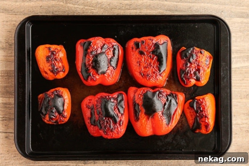 Velvet Roasted Red Pepper Ravioli 4 Step-by-step guide on how to roast red bell peppers using an oven broiler for a smoky flavor.