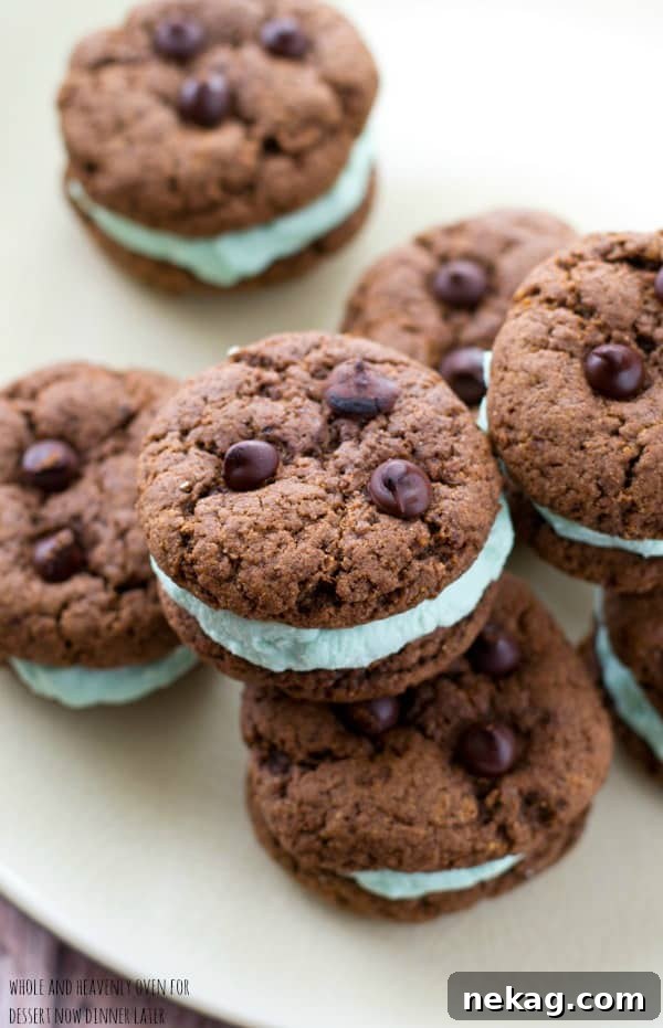 Another view of a chocolate mint cream cookie sandwich, emphasizing the homemade quality and delicious layers.