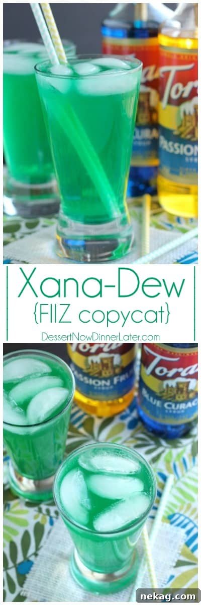 Xanadew FIIZ Clone 4 A refreshing Xanadew FIIZ copycat drink in a tall glass, showing its vibrant green color, made with blue curacao, passion fruit, and Mountain Dew.