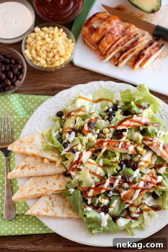 Smoky Zesty Ranch Chicken Salad 2 BBQ Ranch Chicken Salad - Mexican flavors meet good old American barbecue in this green salad served with ranch dressing.