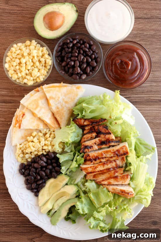 Smoky Zesty Ranch Chicken Salad 3 BBQ Ranch Chicken Salad - Mexican flavors meet good old American barbecue in this green salad served with ranch dressing.