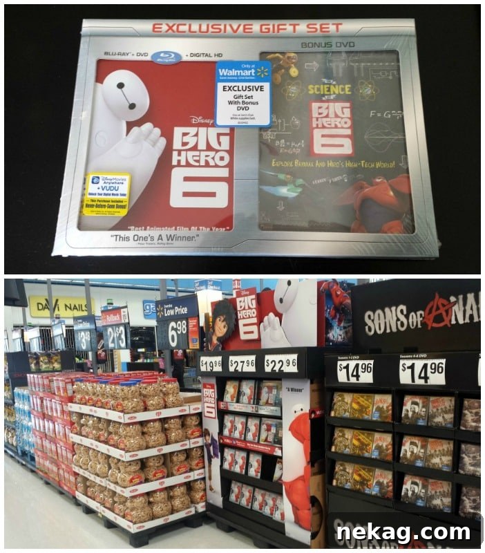 Sweet Baymax Treats from Big Hero 6 3 Big Hero 6 movie display at the front of a Walmart store, featuring Blu-Ray and DVD options.