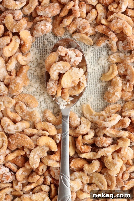Toasted Coconut Cashews 3 These Coconut Cashews, inspired by Trader Joe's, are made with coconut milk, coconut oil, sugar, and coconut flakes to create some incredibly delicious candied nuts!