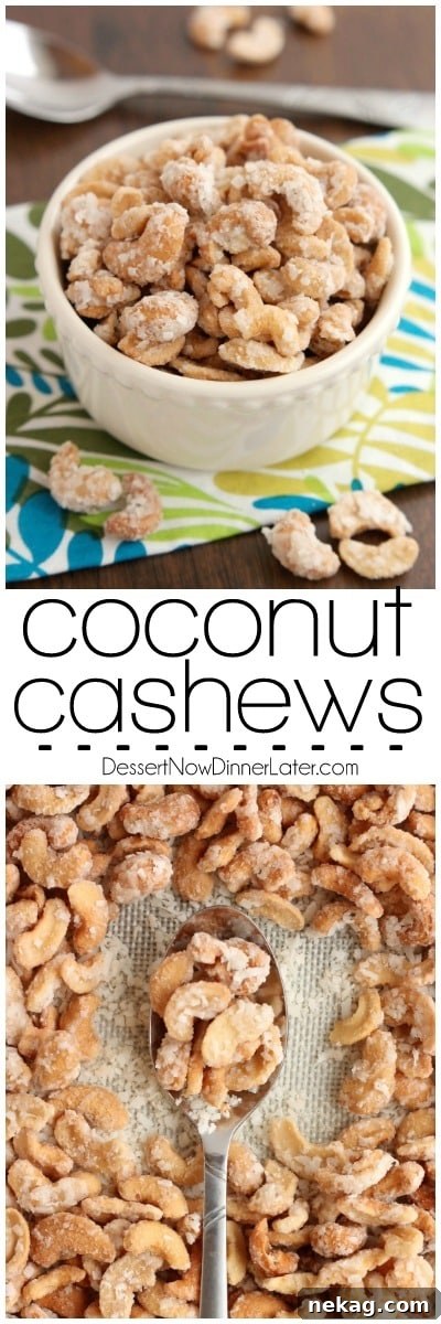 Toasted Coconut Cashews 6 These Coconut Cashews, inspired by Trader Joe's, are made with coconut milk, coconut oil, sugar, and coconut flakes to create some incredibly delicious candied nuts!