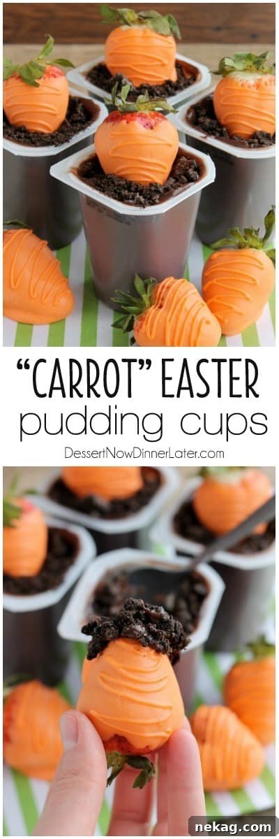 Carrot Easter Pudding Cups - These fun pudding cups are perfect for Spring and Easter with an orange candy dipped strawberry 