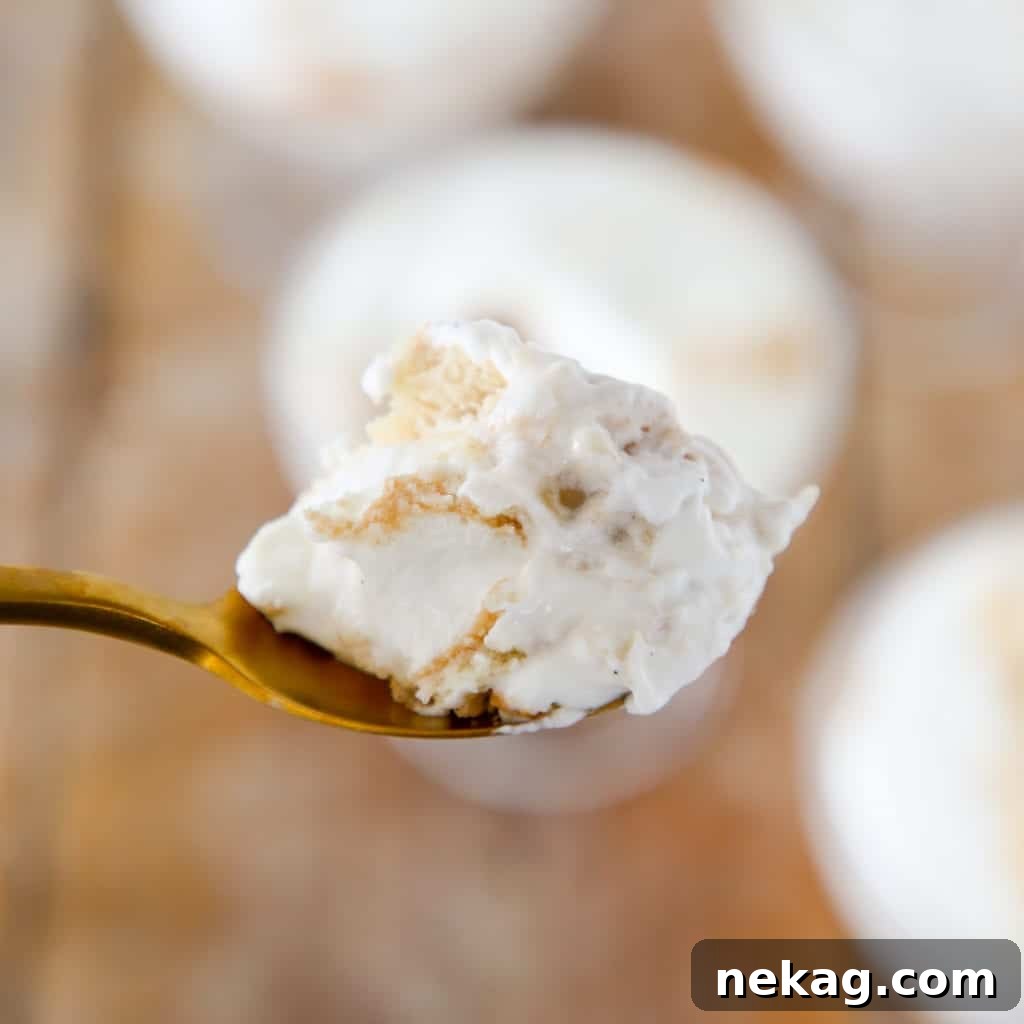 A spoonful of homemade banana pudding with visible layers of creamy pudding, banana slices, and a Nilla wafer.