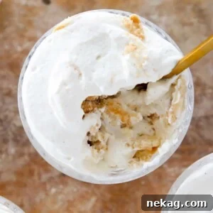 Delicious homemade Banana Pudding in a dish with a golden spoon, ready to be served.