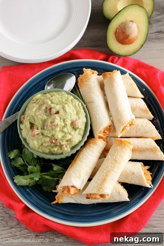 Crispy Zesty Chicken Taquitos 2 Crispy Zesty Baked Chicken Taquitos with a creamy, cheesy RO*TEL filling, ready for dipping into guacamole.