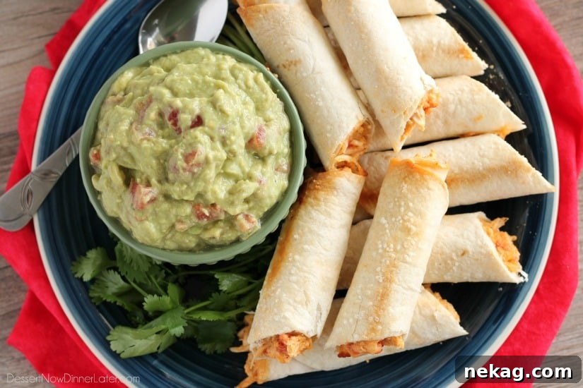 Crispy Zesty Chicken Taquitos 4 Fresh homemade guacamole topped with visible pieces of RO*TEL, next to crispy chicken taquitos.
