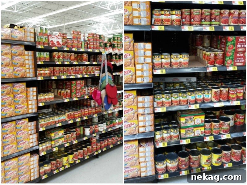 Crispy Zesty Chicken Taquitos 5 A display of various RO*TEL products in a Walmart store aisle.