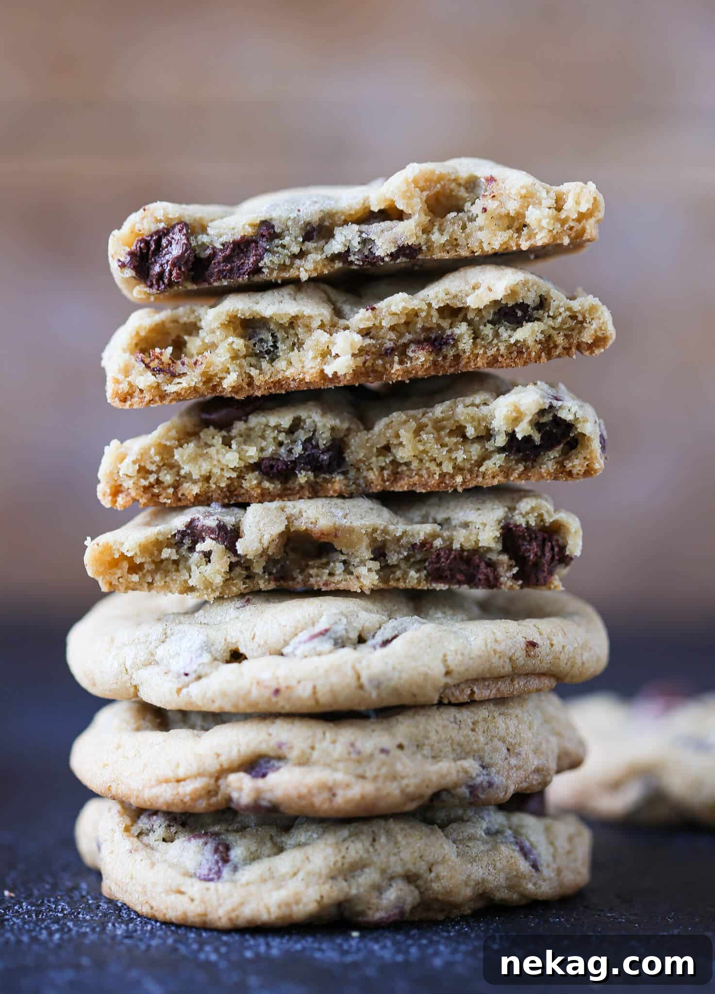 New York Times Chocolate Chip Cookies broken open stacked