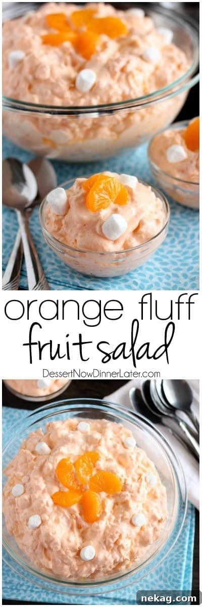 A bowl of Orange Fluff Fruit Salad with serving spoons, ready for guests to enjoy.