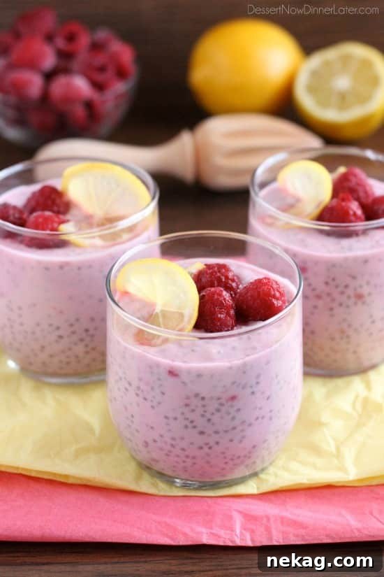 Lemon Raspberry Chia Delight 3 Two jars of Lemon Raspberry Chia Pudding, stacked and topped with berries, showcasing the vibrant pink and yellow layers.