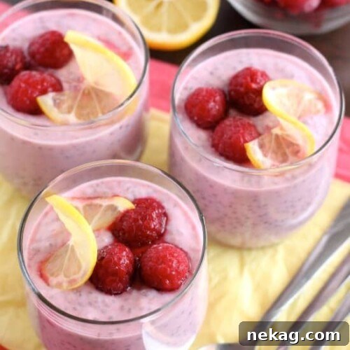 A beautifully composed image of Lemon Raspberry Chia Pudding, ready to be served in a small glass jar, with a single raspberry on top.