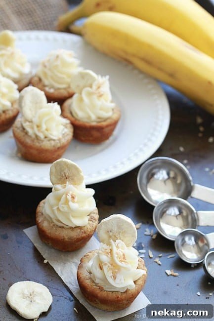Island-Inspired Banana Coconut Cookie Bites 4 A single Banana Coconut Mini Cookie Cup, showcasing its golden coconut cookie base, fresh banana slices, and elegant piped coconut buttercream.