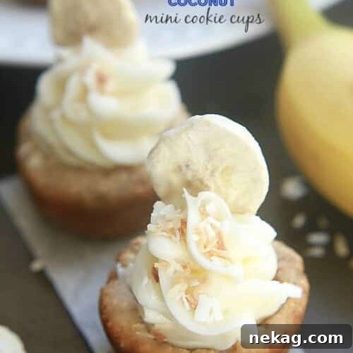 Banana Coconut Mini Cookie Cups - Tropical inspired coconut cookie cups filled with sliced bananas and topped with a swirled coconut buttercream frosting.