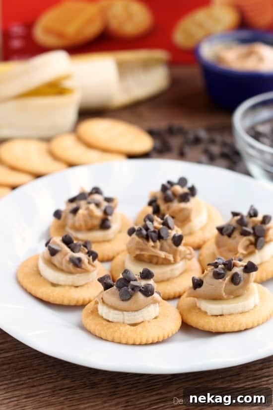 Delicious Chocolate Peanut Butter Banana RITZ® Bites, an easy and quick snack recipe for all ages.