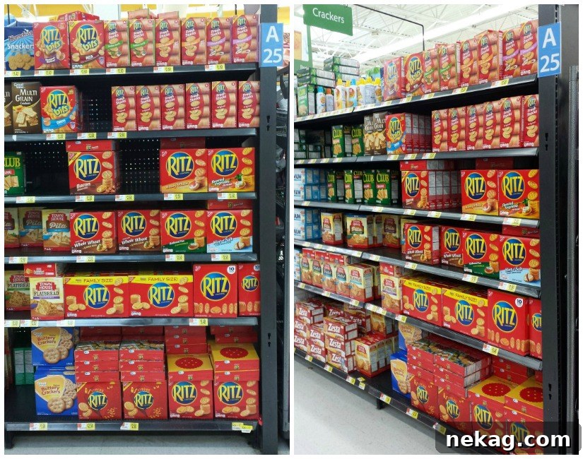 A selection of RITZ® crackers displayed in a shopping cart at Walmart, highlighting their availability.