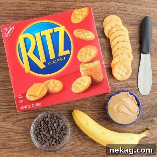Close-up of the simple ingredients needed for Chocolate Peanut Butter Banana RITZ® Bites: crackers, banana, peanut butter, and chocolate chips.