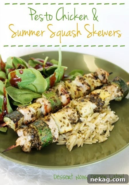 Appetizing close-up of a grilled Pesto Chicken and Summer Squash Skewer, featuring golden brown chicken and perfectly tender squash.