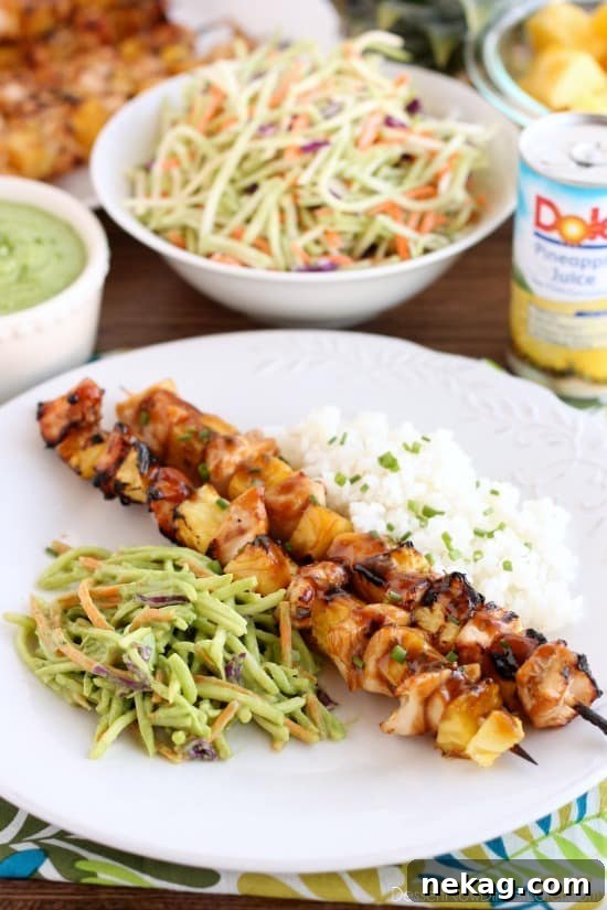 Vibrant Pineapple Avocado Dressing 7 A complete summer meal featuring Pineapple Avocado Dressing with broccoli slaw served alongside grilled Island Chicken Skewers with fresh DOLE pineapple chunks.