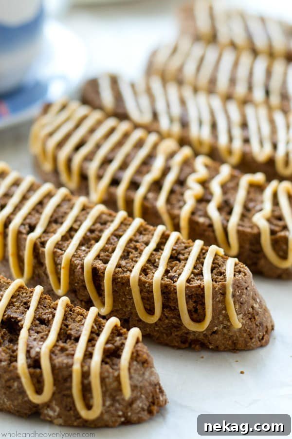 Freshly baked chocolate biscotti waiting for their peanut butter cream cheese glaze.