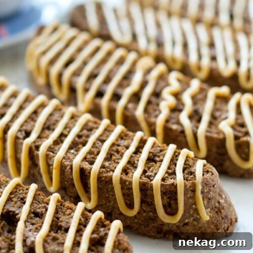 Chocolate Biscotti with Peanut Butter Cream Cheese Glaze