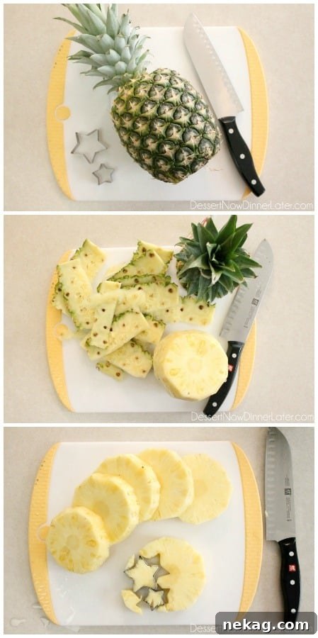 Patriotic Spark 5 Step-by-step image showing how to slice a pineapple and use a star cookie cutter to create festive pineapple stars for the punch