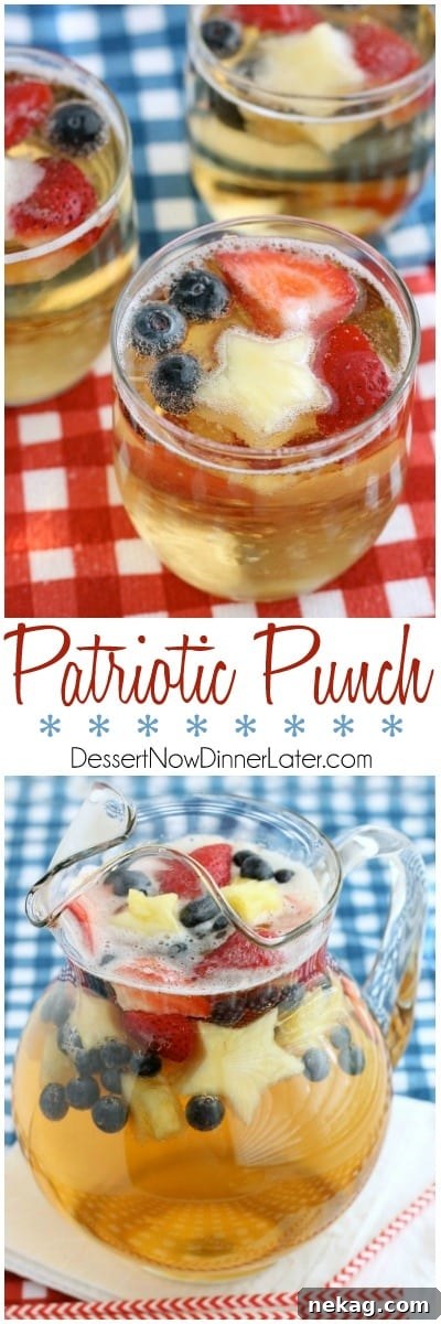Patriotic Spark 10 Glasses of Patriotic Punch ready to be enjoyed, showcasing the colorful fruit and the refreshing bubbly texture