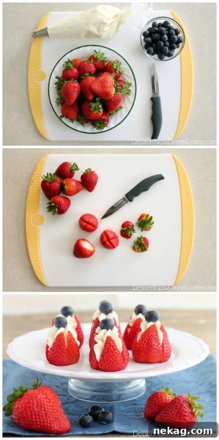 Strawberry Cheesecake Delights 5 A visual guide on piping cheesecake filling into prepared strawberries.